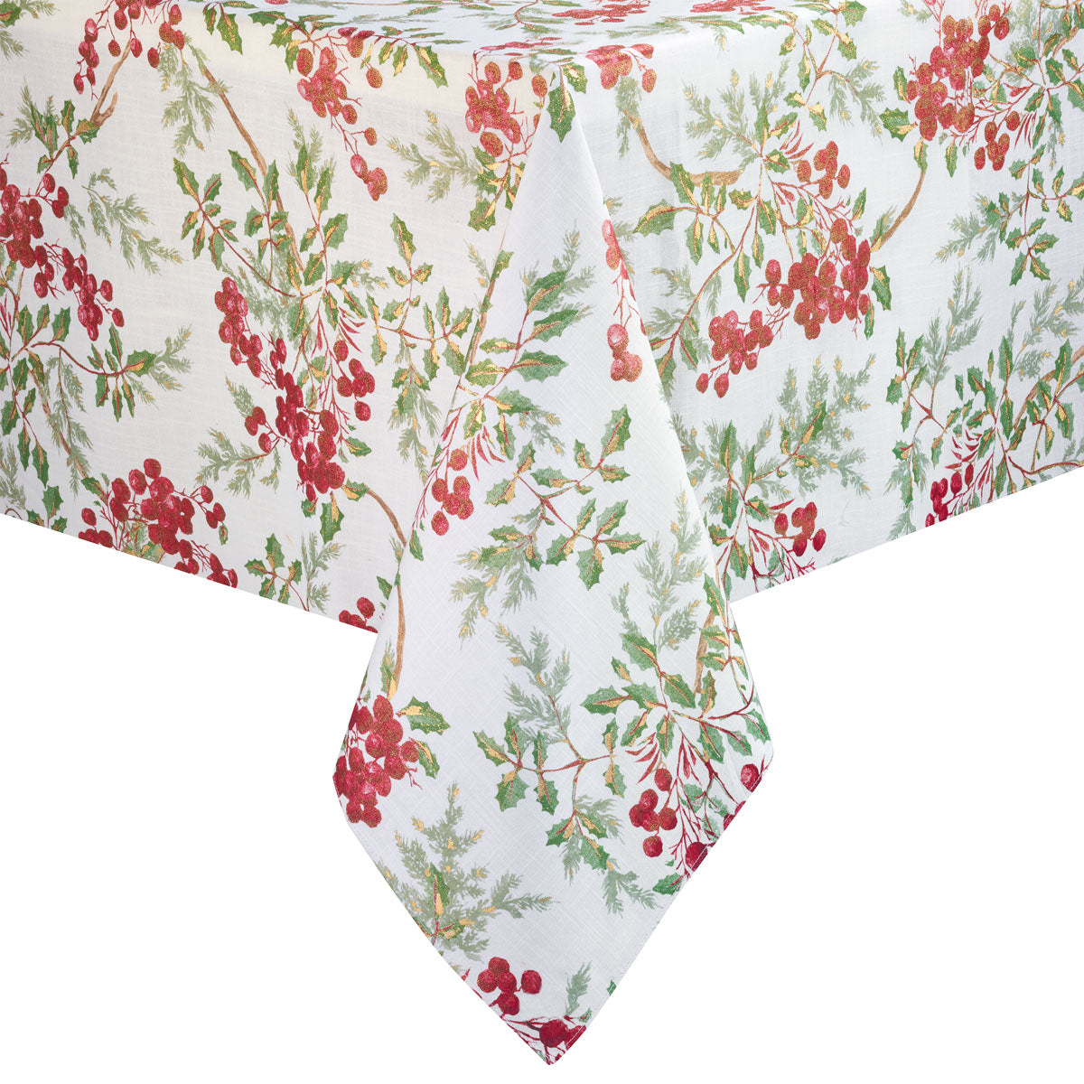 Metallic gold cotton tablecloth featuring winter berries and leaves. holiday and Christmas.