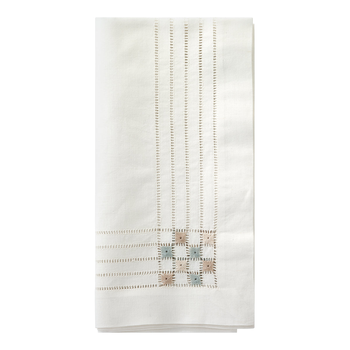 Folder napkin with hemstitched line details, with embroidered details on the corners where the hemstitch lines met.