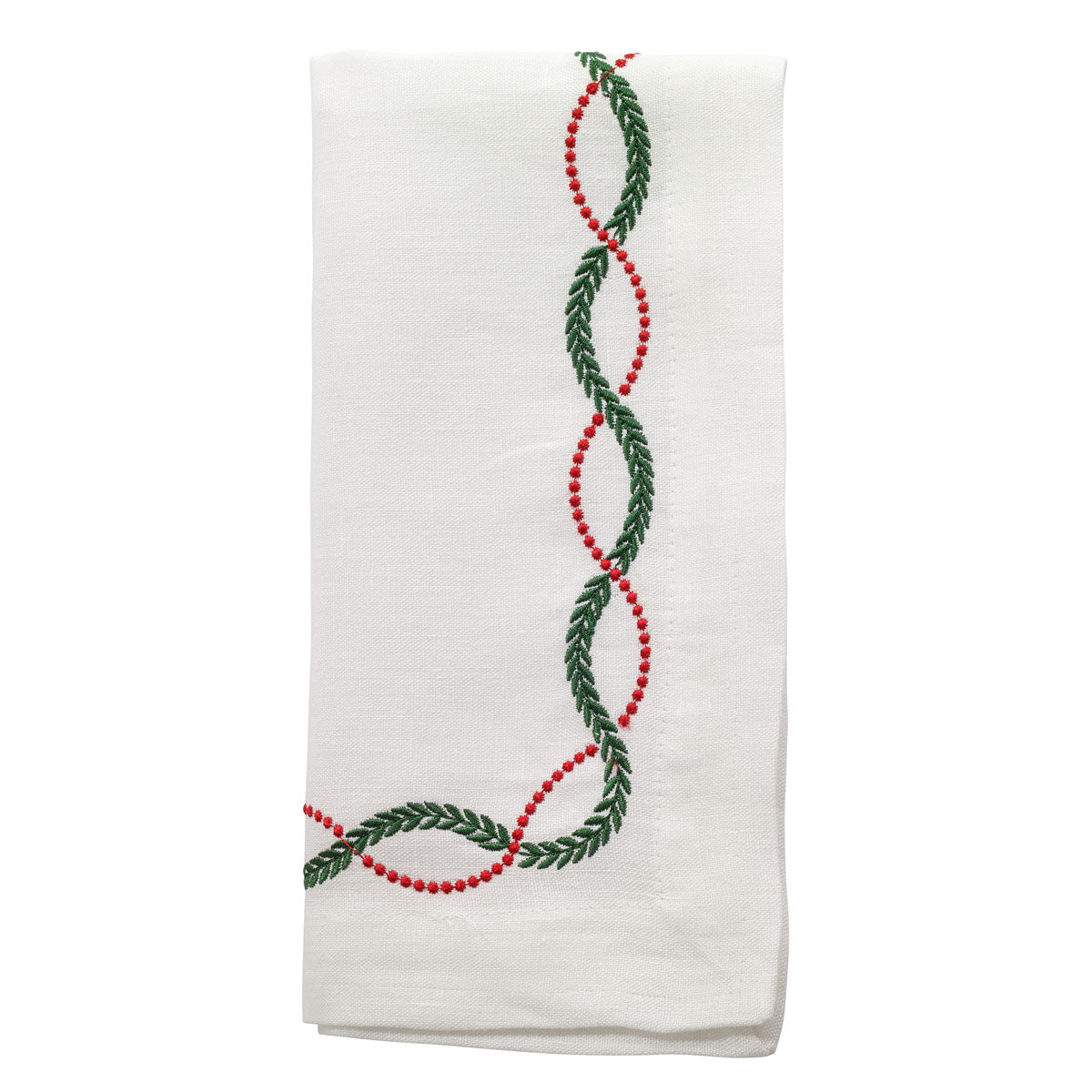 White cotton napkin with embroidered laurel leaves in red and green that are perfect for Christmas and holiday gatherings