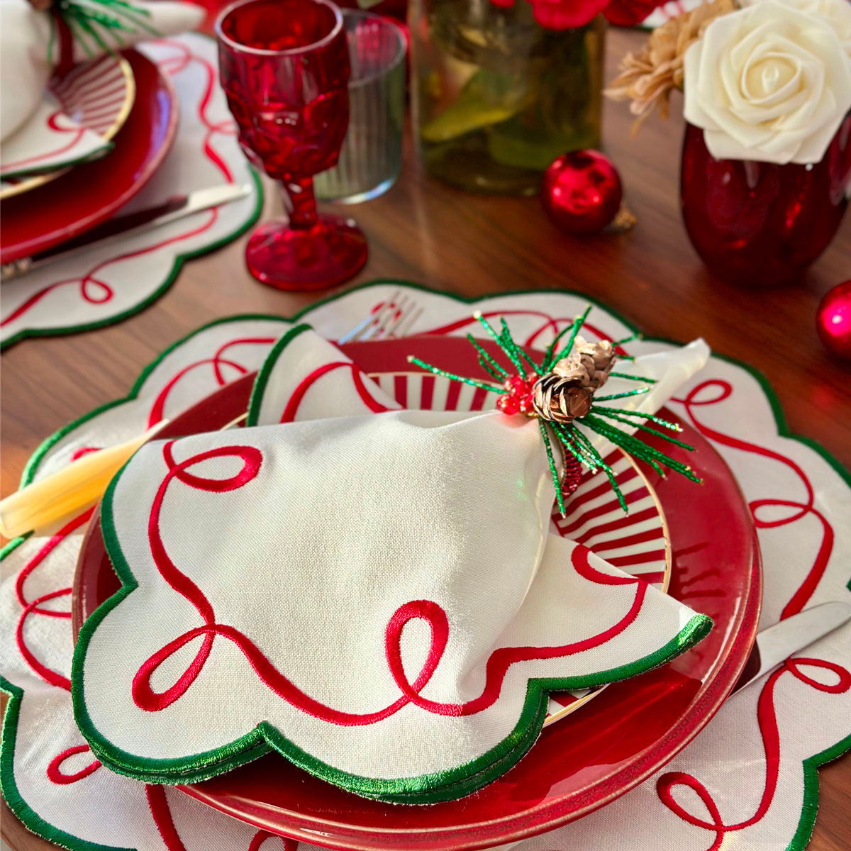 Ribbon Twirl Embroidered Napkins and Runners