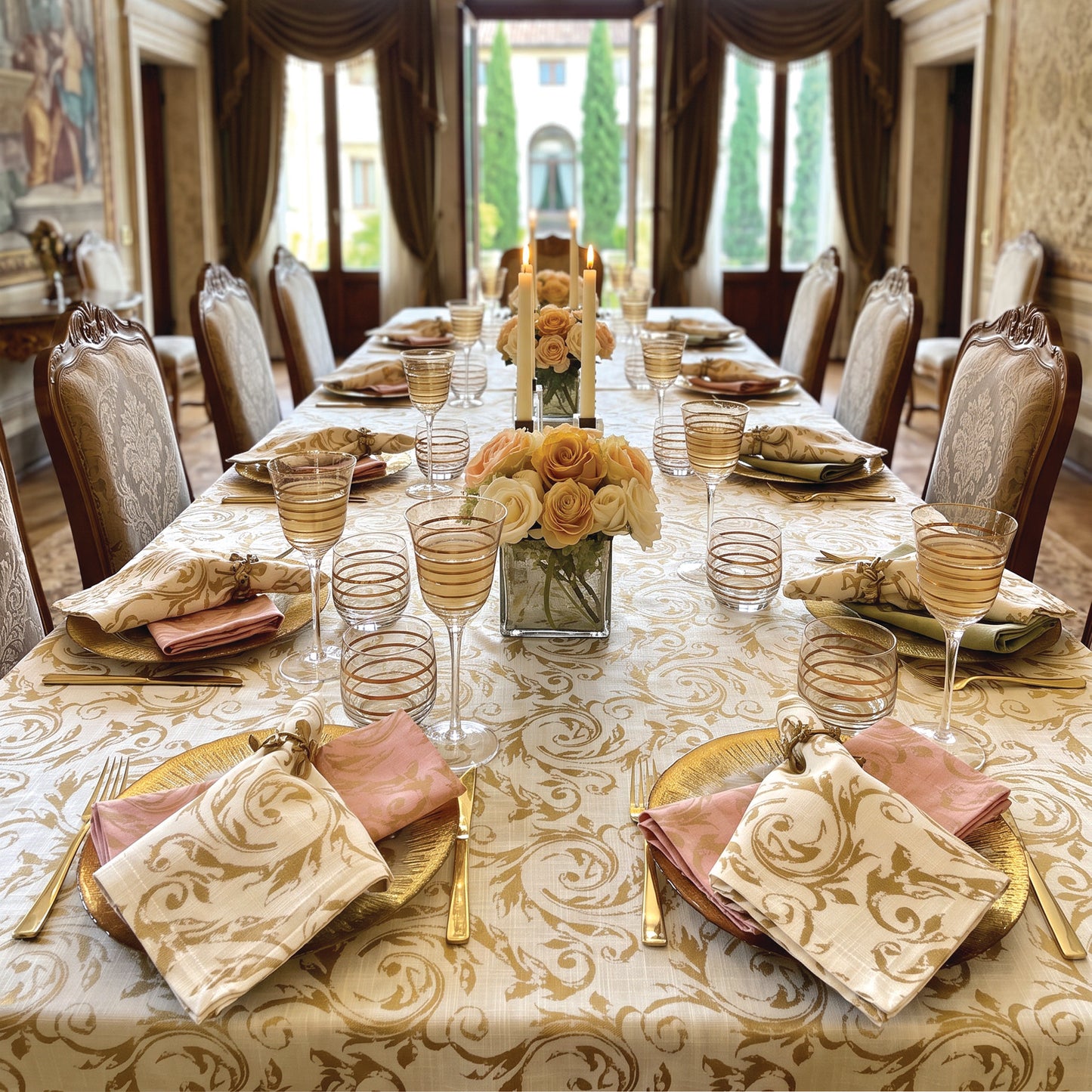 Palazzo Scroll Metallic Printed Table Linens