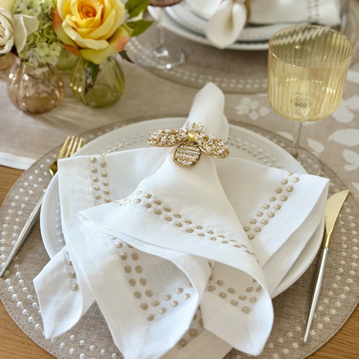 Pearls Embroidered Linen Napkins