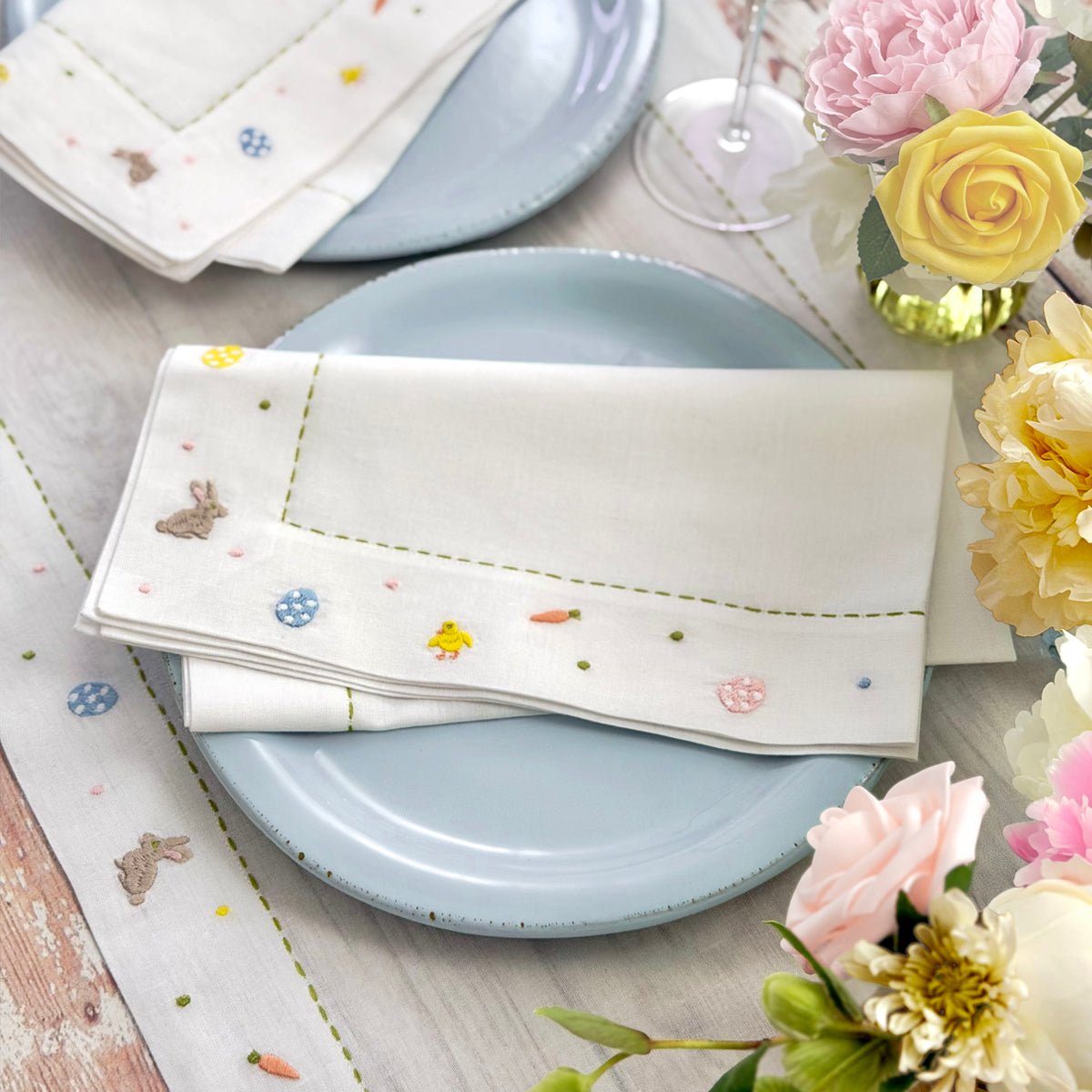 Bunny Trail Embroidered Easter Napkins and Runner