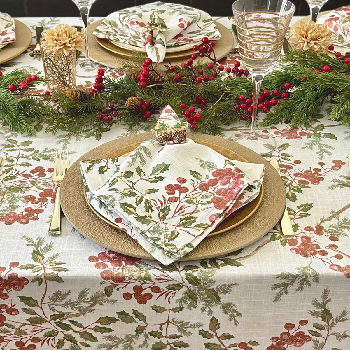 Holly Berry Metallic Gold Napkins, Runners, Tablecloths