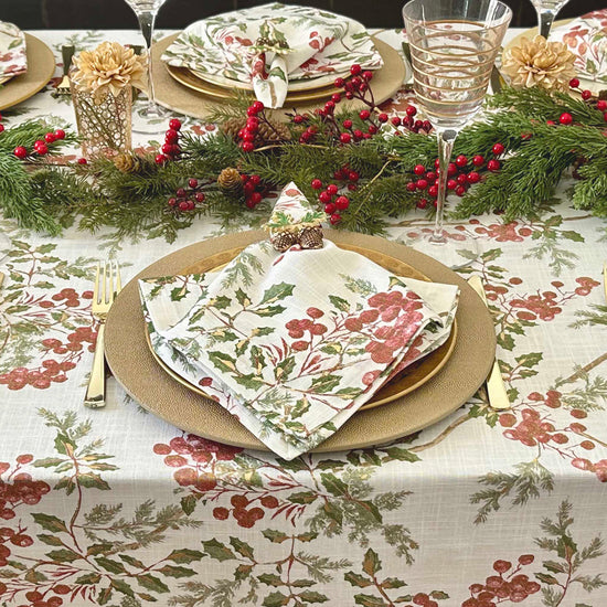 Holly Berry Metallic Gold Napkins, Runners, Tablecloths