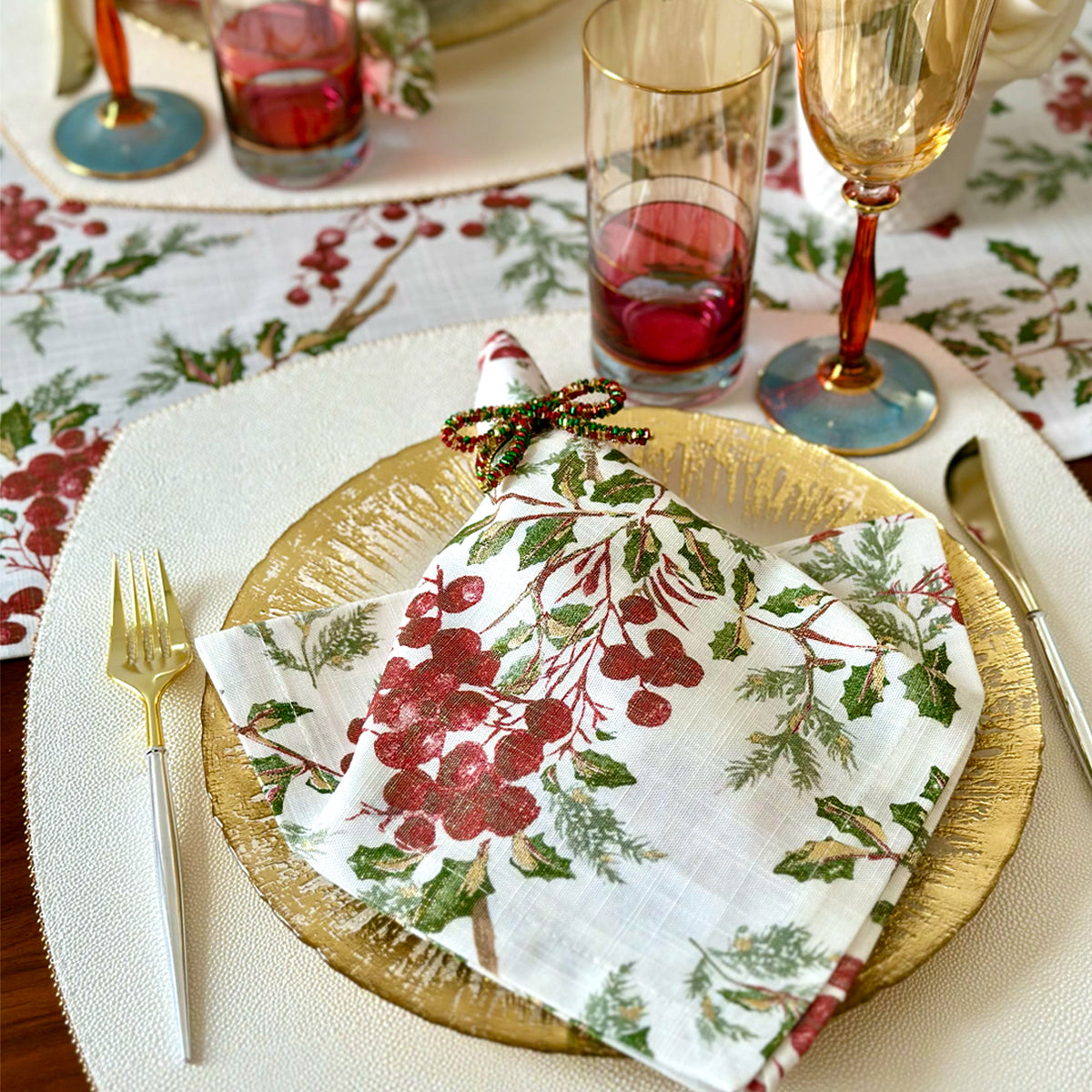 Holly Berry Metallic Gold Napkins, Runners, Tablecloths