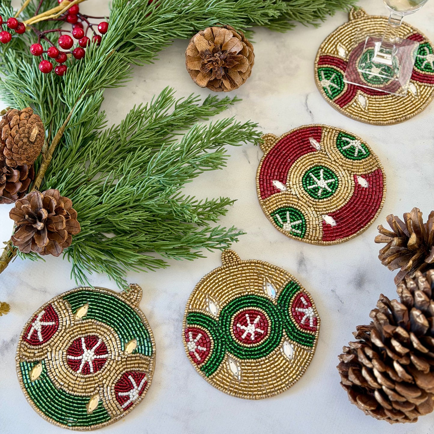 Holiday Ornaments Beaded Coasters (Set of 4)