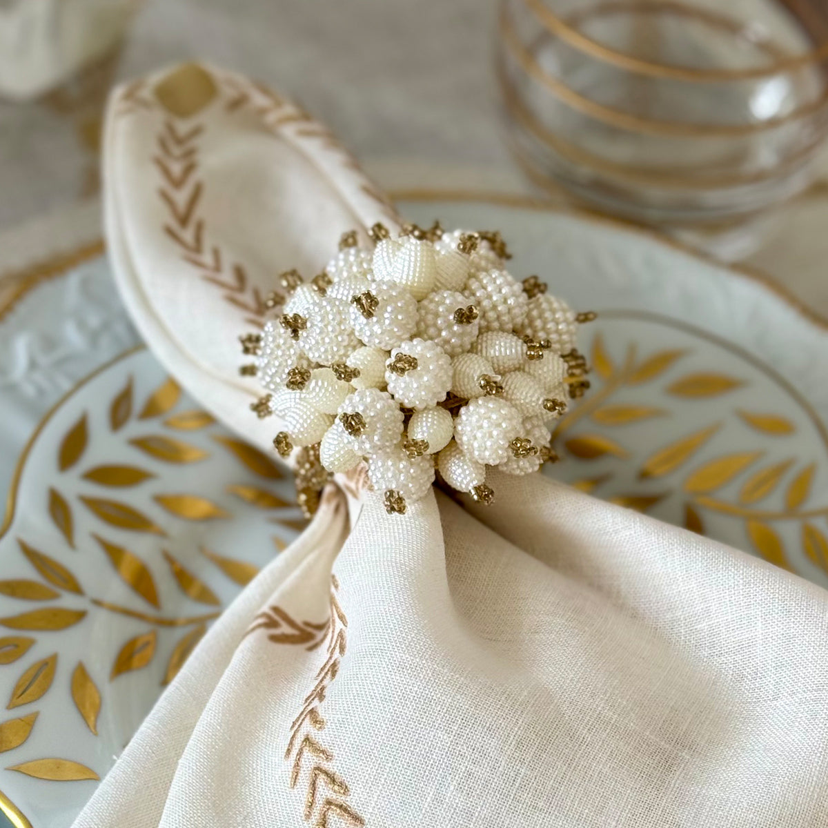 Pearl Cluster Gold Beaded Napkin Ring Set of 7