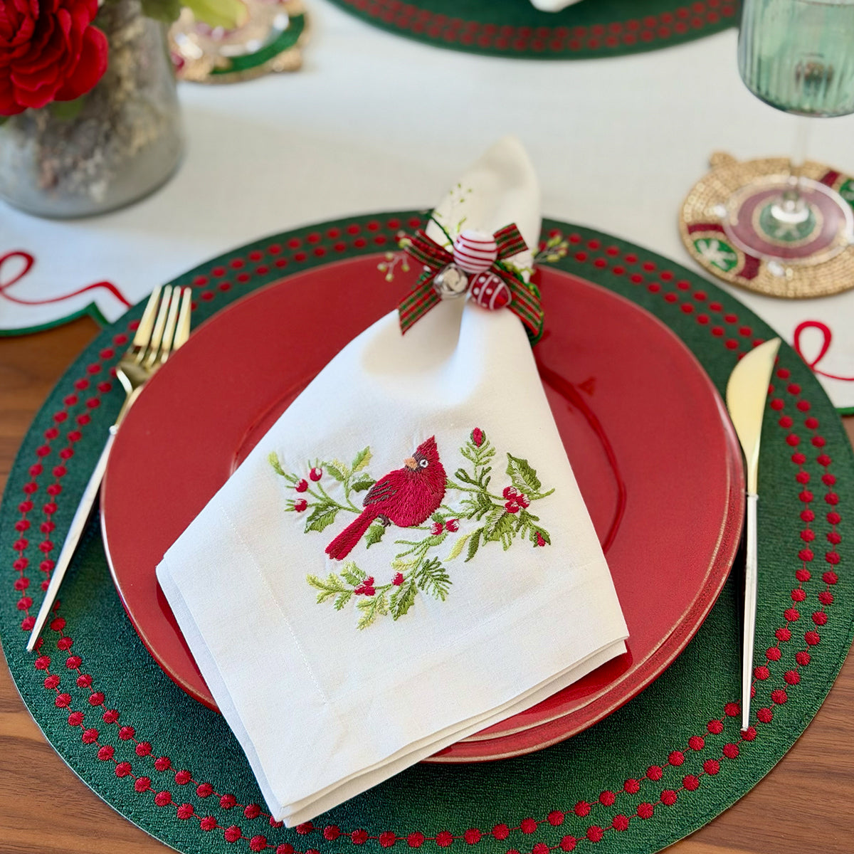 Winter Cardinal Festive Embroidered Napkin